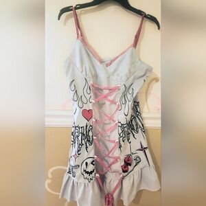 Cute White Pink Lace Up Graffiti Print Dress